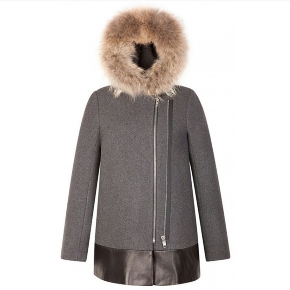 Sandro Manoli Fur Trim Leather Panel Wool Coat Gray - Picture 1 of 11